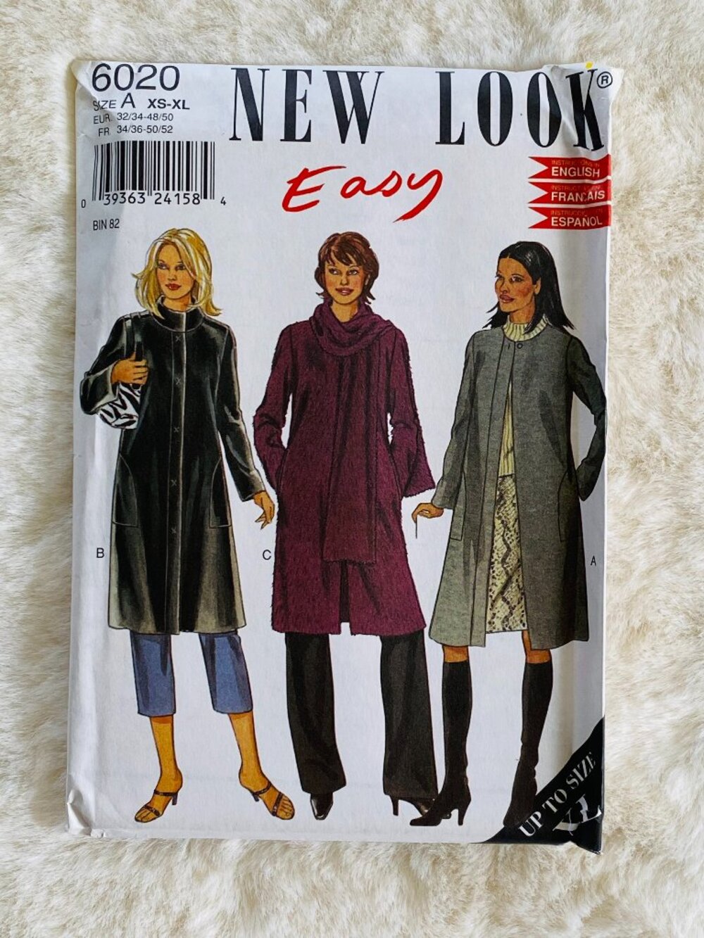 Uncut New Look Sewing Pattern # 6020 Misses Coat in Three Variations Sizes XS-XL